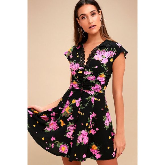 FREE PEOPLE Alora Black Floral Print Mini Dress sz 4 Women's Minidress - Picture 9 of 16